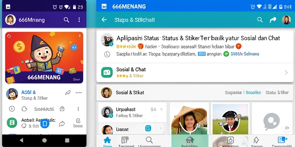 Antarmuka aplikasi 666MENANG dengan berbagai pilihan stiker dan status.