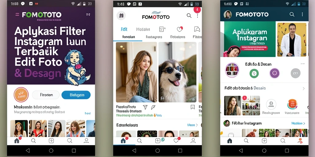 Antarmuka FOMOTOTO menampilkan berbagai filter Instagram yang menarik.