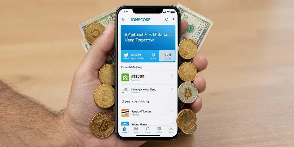 Antarmuka aplikasi IDNSCORE dengan fitur Kurs Mata Uang.